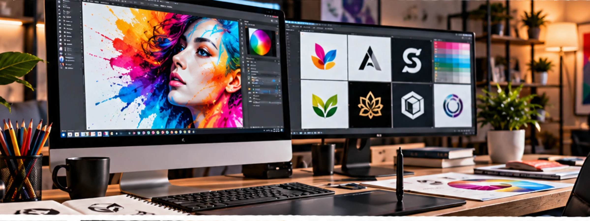Modern grafik tasarım stüdyosunda logo ve marka kimliği çalışmaları